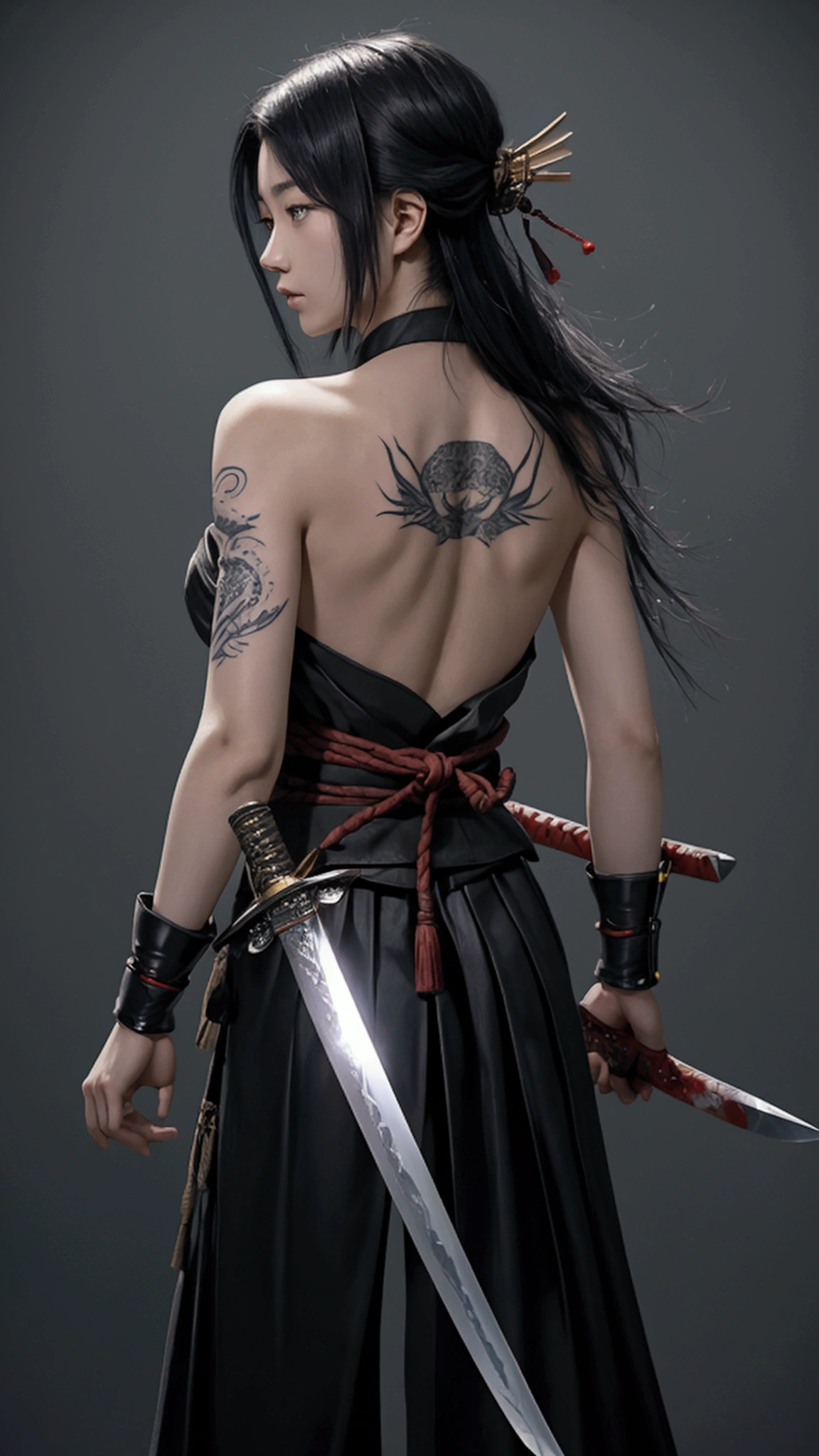 (Japanese sword &reference;Muramasa 2&reference;.2)Beautiful 27 year old woman、Japanese women、Tie your hair back、Hair ornament artist、Shinobi Costume、Warrior、Clear Eyes、{Arm tattoo(SakuraFubuki}'Back Tattoo、Warrior、(Japanese swordを両手で構える、1.3)(Japanese sword1.2)Intermediate position、In front of the body、(Hold the sword horizontally 1.3)、whole body、Long Blade Sword、Realistic battle scenes、敵Warriorの返りBlood、Blood、High resolution、Highest quality、Very detailed、8k、background、The castle is burning、Sparks fly、