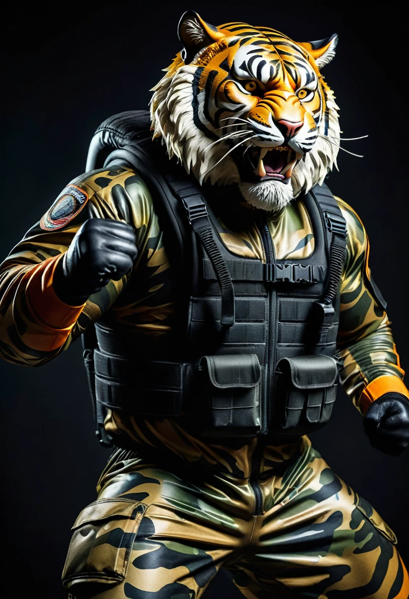 (a dark-skinned bearded fat muscular old man in a bulky army camouflage zipper diver suit) carrying a gun, (wearing realistic roaring tiger mask), dynamic action pose, fierce expression, showcasing an imposing stature, surrounded by military elements, dramatic shadows and intense highlights, cinematic color tones, high detail, powerful, art influenced by Bruce Onobrakpeya and Stanley Artgerm, ultra-detailed, best quality image, action-packed atmosphere. raising fist pose