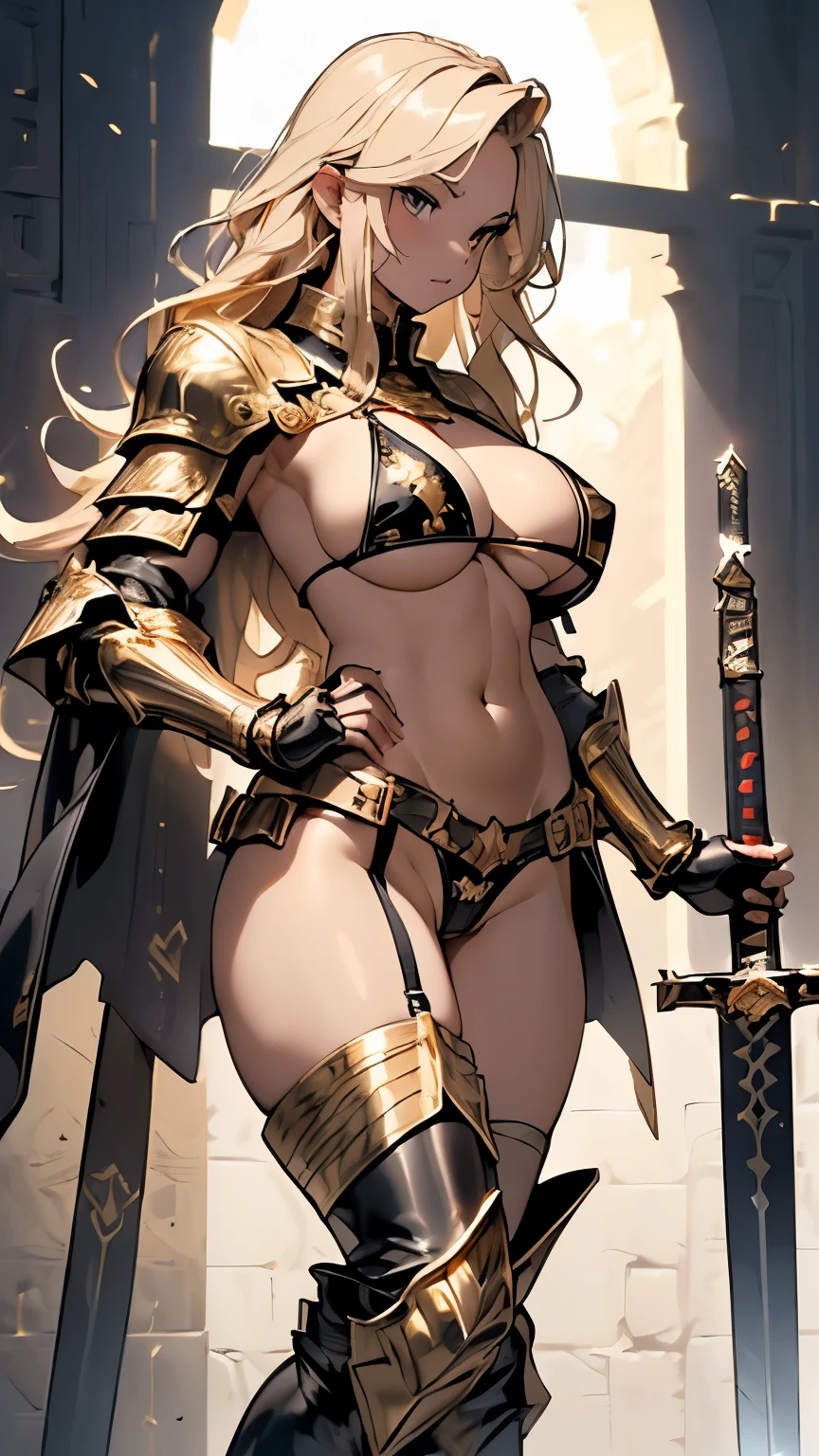 (Holding a sword:1.5)、looking at the camera、Blonde Wavy Hair、female knight、Beauty、Detailed face、((Black metallic micro bikini:1.5)、(Gold Belt)、(Black knee-high socks、Black garter belt)、(Gold Armor:1.5)、(Gold boots:1.5)、Black Cape)、((Huge breasts:1.5)、Cleavage、(Underboob:1.5)、(Sideboob:1.5)、(glamorous、curve)、Belly button、A large glowing red tattoo on the crotch、Camel toe、Absolute area、Wide Hips、Thick thighs、Revealing outfit、(NSFW))、(whole body:1.5)、Shooting from the side、royal palace、Swinging the Sword