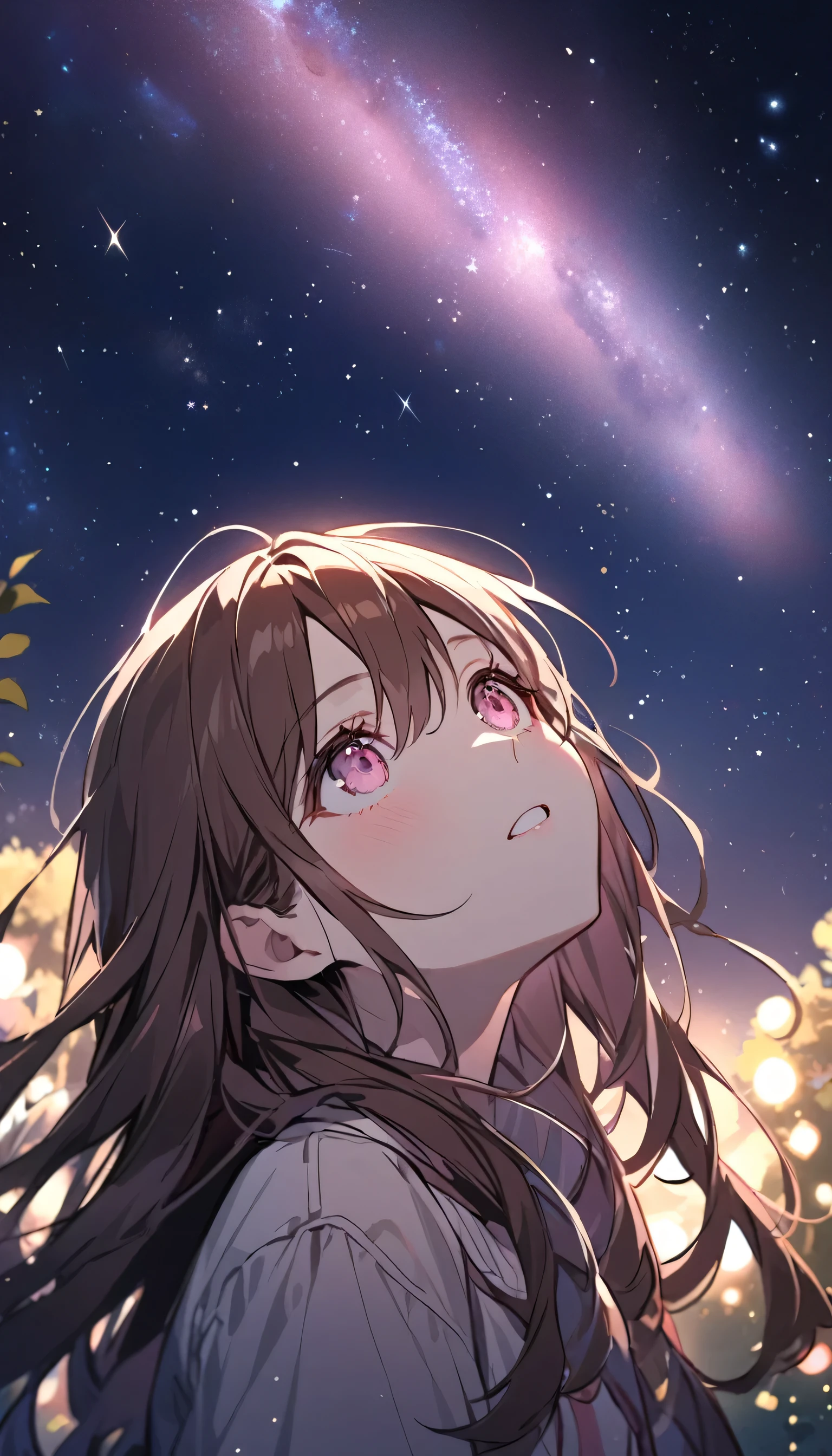 good looking, Alone, 1 female, Long Hair, Brown Hair, Pink highlights on the tip,Pale pink eyes,Looking up at the stars in the park at night,Astronomical Observation,An emotional face