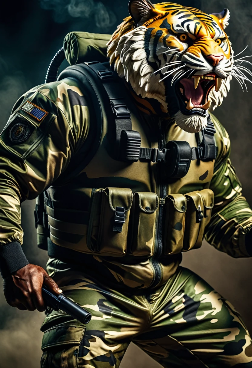 (a dark-skinned bearded fat muscular old man in a bulky army camouflage zipper diver suit) carrying a gun, (wearing realistic roaring tiger mask), dynamic action pose, fierce expression, showcasing an imposing stature, surrounded by military elements, dramatic shadows and intense highlights, cinematic color tones, high detail, powerful, art influenced by Bruce Onobrakpeya and Stanley Artgerm, ultra-detailed, best quality image, action-packed atmosphere. raising fist pose