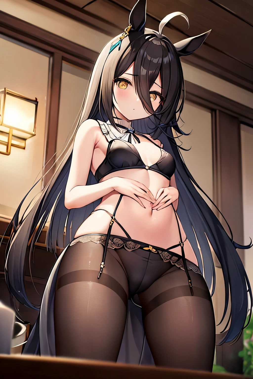 ((masterpiece))、((Highest quality))、Full-body wide-angle、(solo)、Manhattan Cafe,Manhattan Cafe(Racing wear),、White Ahoge, (Long black hair)、Long black bangs between the eyes,,、Black horse ears、Horse tail、Yellow eyes without highlights、(((Small breasts)))、((Black sleeveless))、((Black Bra))、Black tights、Exposed thighs、Cameltoe、Garter Stockings Shoulders out Belly button A composition looking down on what is below Disdainful look A face that saw something unpleasant No panties