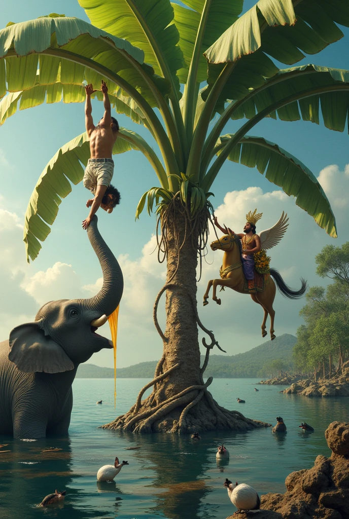 a banana tree in a mouth of a lake , one elephant trying to fall the tree , in a branch a men is hanging by hand , benith is water and snakes , 1 white and one black mouse trying to cut the branch , above the mens one branch have honeycolony and honey is droping in mens mouth , a side bhgwan vishnu on thier garudh vahan trying to save men.