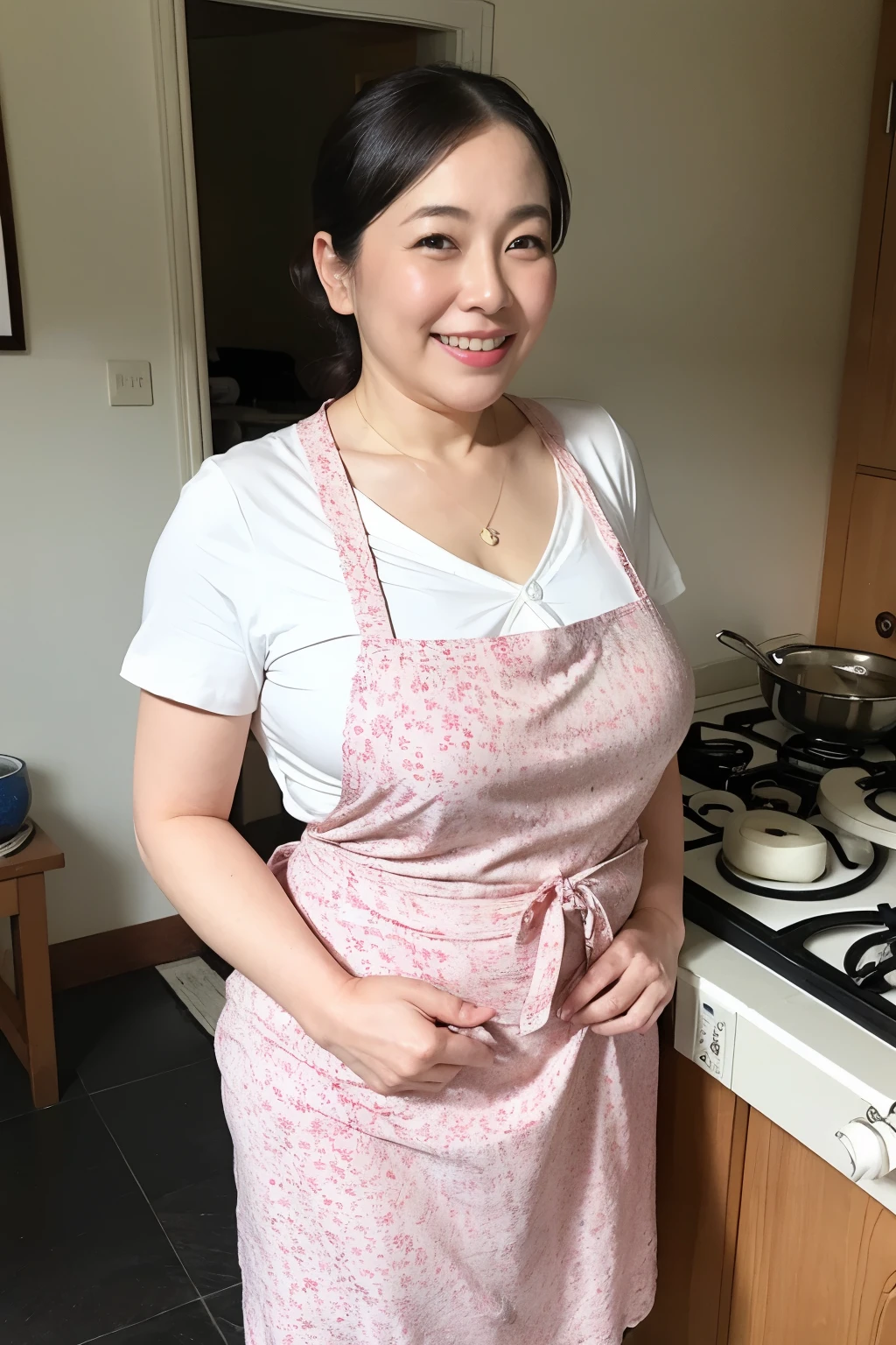 Greengrocer、front、Japanese(Black Hair、short hair、Light Wave、housewife、bandana、White blouse、Big Breasts、valley、Open chest、apron、Micromiles、Chubby、Leaning forward
