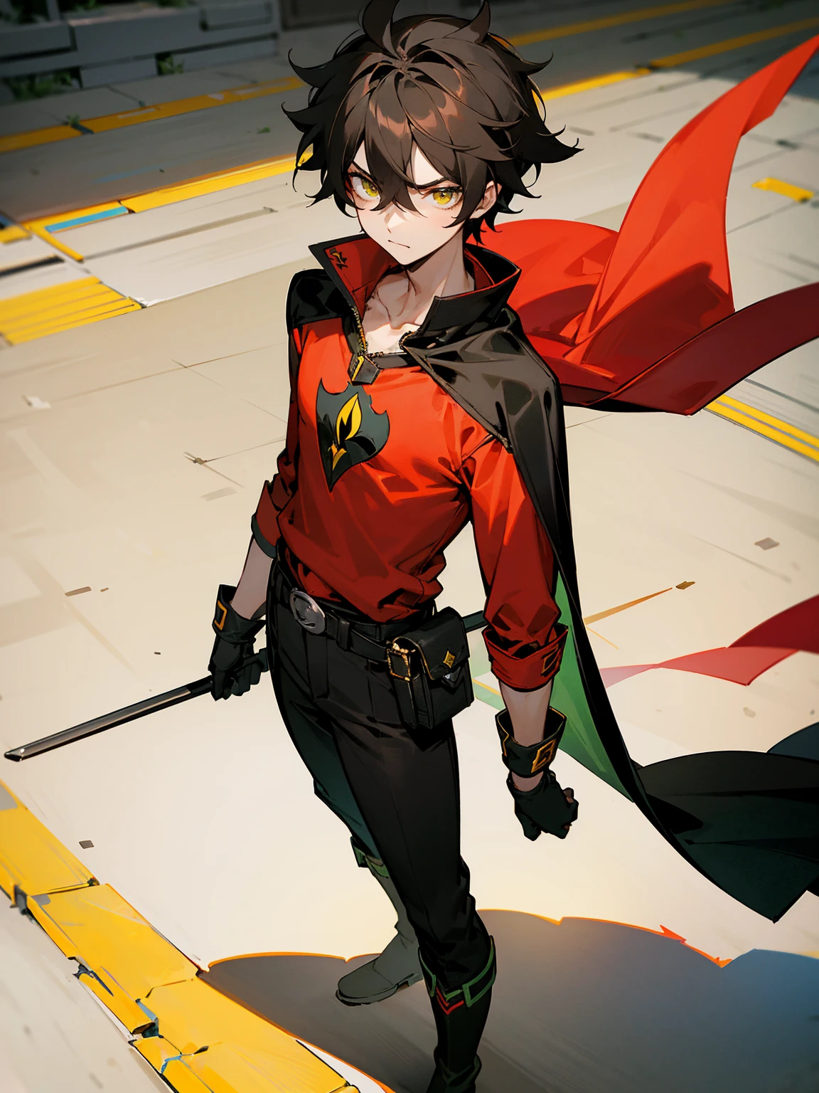1male , Young Male , Red and Yellow T-Shirt with black fitted long sleeves under , Black Gloves, Green Boots , Robin Symbol on Shirt , Black and Cape, Messy Hair , Serious Expression , Standing on sidewalk, ((Robin Inspiration)), sunglasses