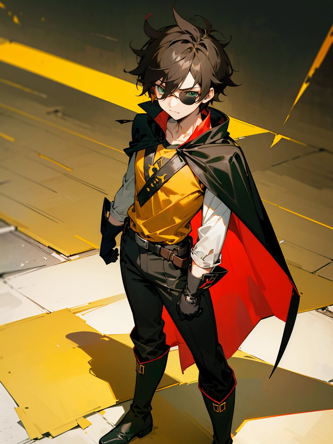 1male , Young Male , Red and Yellow T-Shirt with black fitted long sleeves under , Black Gloves, Green Boots , Robin Symbol on Shirt , Black and Cape, Messy Hair , Serious Expression , Standing on sidewalk, ((Robin Inspiration)), sunglasses