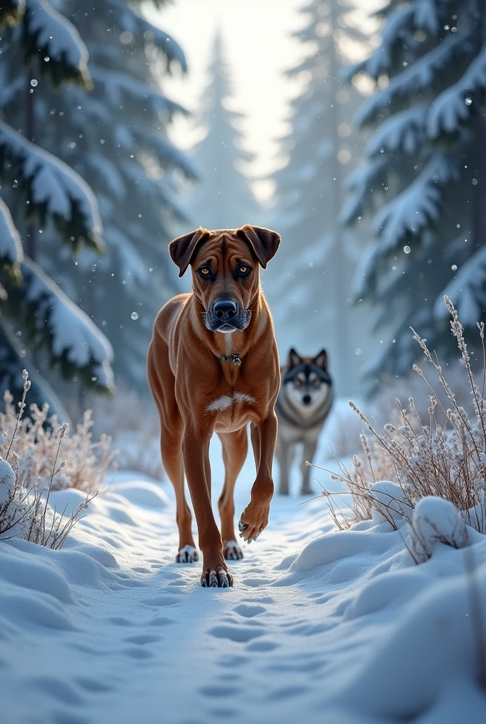 (photorealism:1.2), Rhodesian Ridgeback walking,snowy Forest,Wolf near