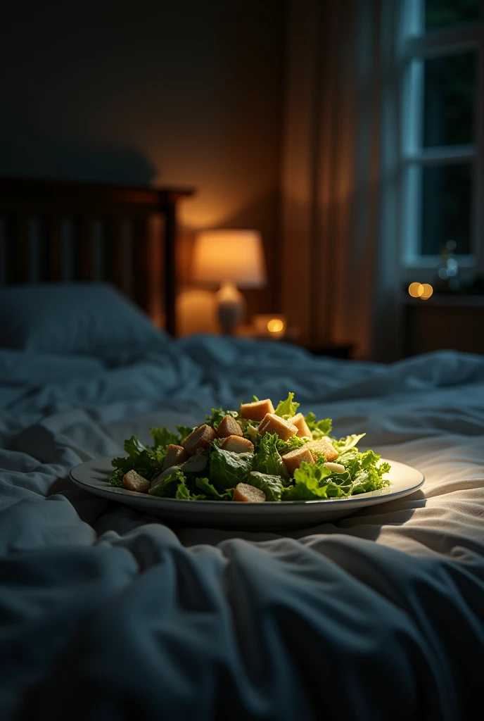 at night with a plate of Caesar salad without seeing me in my room but without seeing a person without the candle and in bed 