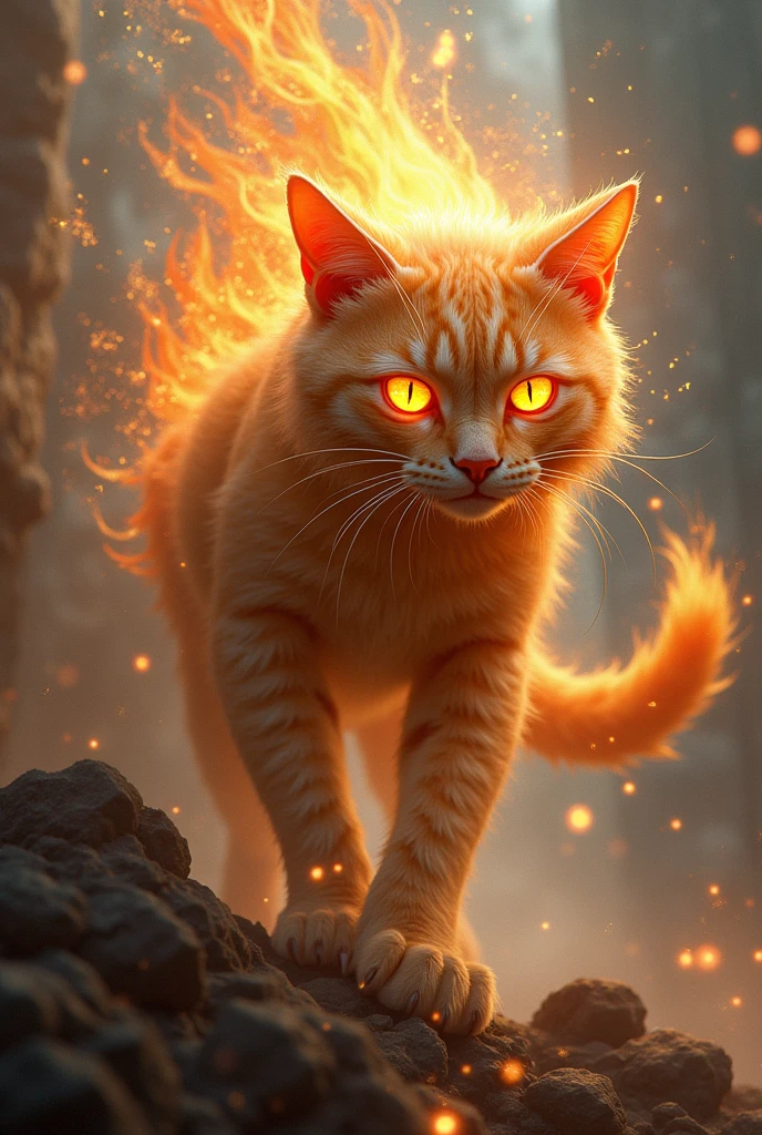 A cat in an attacking pose with the aura of a phoenix