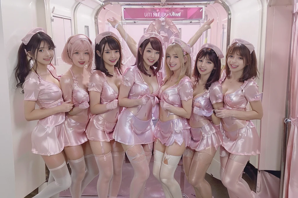 (((Ultra-clear resolution, best quality))), (((super shiny pink silk nurse costume, see-through, miniskirt, group photo of only girls crowded train with female only, impossible breasts, dynamic cleavage of breasts, angle from below, see-through pantyhose, grin, bleached hair, nsfw))), shiny