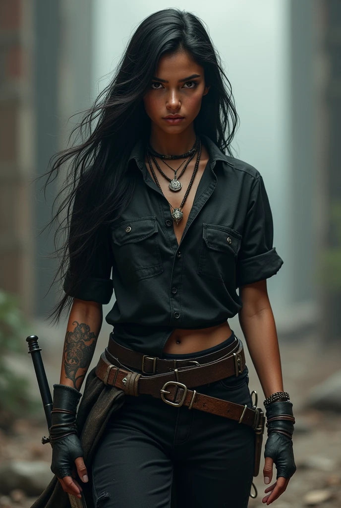 A girl of 5.8 feet long black hair Indian. In a warrior dress holding a sword. Change that dress. Don't make her Indian princess make the cloth black not a gown make her wear shirt and pant and a tatto on her left hand