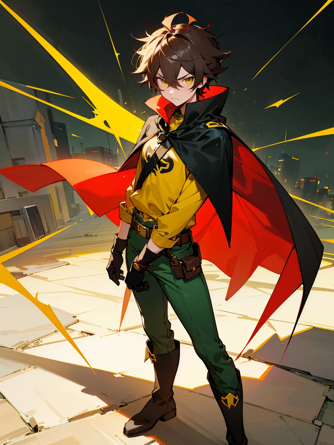 1male , Young Male , Red and Yellow T-Shirt with black fitted long sleeves under , Black Gloves, Green Boots , Robin Symbol on Shirt , Black and Cape, Messy Hair , Serious Expression , Standing on sidewalk, ((Robin Inspiration)), sunglasses