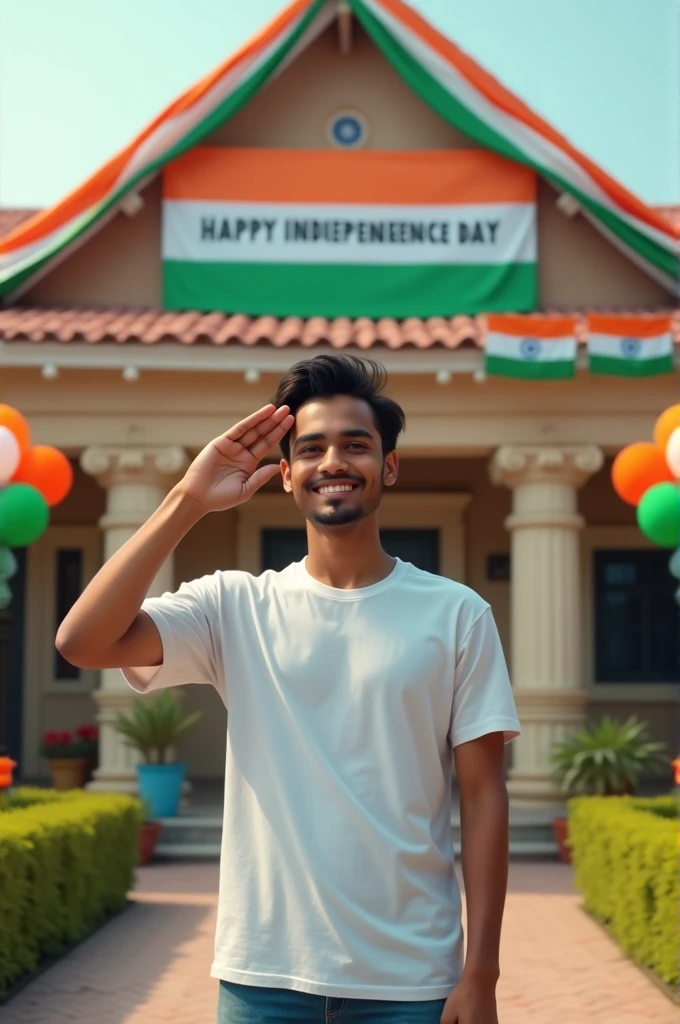promptseen independence day
A real 20 year old boy , wearing a white "chintu" T-shirt stands in front of a house decorated with Indian flags and tricolor balloons, saluting for an upcoming Independence Day celebration. The house has a large banner that reads "HAPPY INDEPENDENCE DAY 2024 and make sure text should be correct.