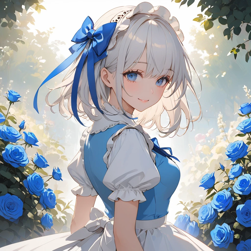 (masterpiece),(highly detailed CG,ultra-detailliert,best Shadow:1.3),(perfect anatomy),(beautiful and luxurious:1.2),(alice in the wonderland),Standing in a garden full of blue roses,(1 girl),(solo),((arms behind back)),(Beautiful silky white hair:1.2),blue ribbon on head,blue and white ****ta fashion,Beautiful and extra detailed face,flat colors,limited pallete,low contrast,the best lighting,shy smile,cowboy shot