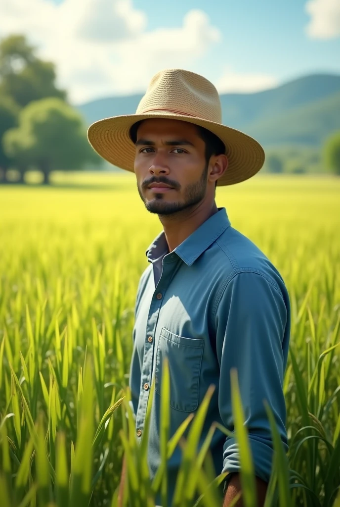 One sunny afternoon in a rice field, There is a man wearing a brimmed hat., blue shirt, Half-body picture