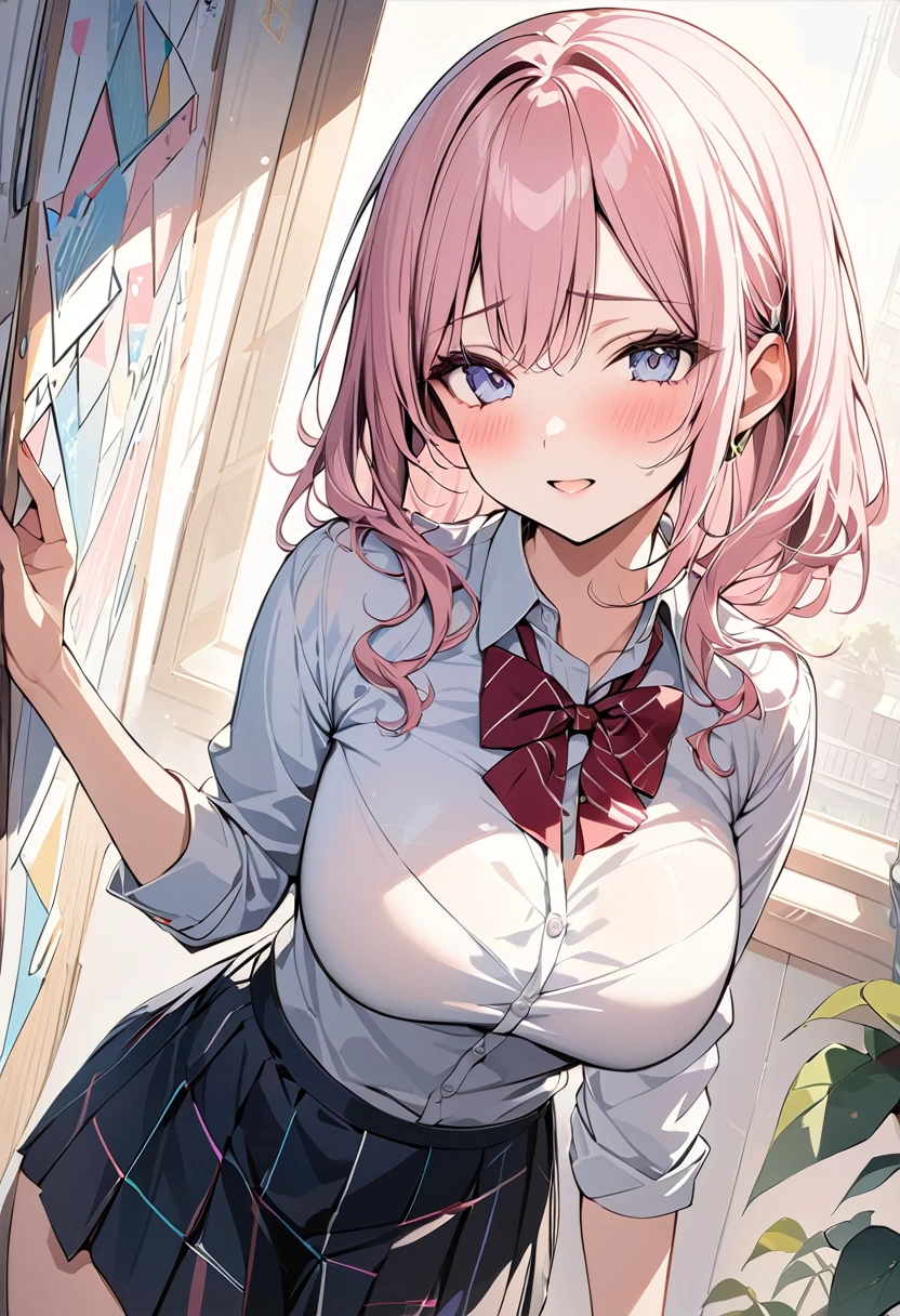 8k,(High quality:1.4),(best quality:1.4),(masterpiece:1.4),(busty breasts:1.2),(beautiful face:1.3),(beautiful woman:1.3),(pale pink hair:1.4),medium hair,a mole around the mouth,(enjoy:1.6),(closed eyes:1),(burst into laughter:1.4), (squinting:1.2)(school uniform:1.1),(beige sweater:1.2),(close-up:1.2),a bow tie