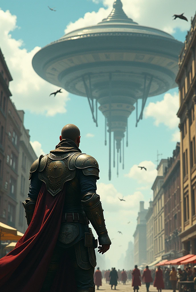 One day, while Roger was fighting criminals, he heard a strange sound and looked up to see a massive flying object.One day, while Roger was fighting criminals, he heard a strange sound and looked up to see a massive flying object.(he wear a old ancient armour)