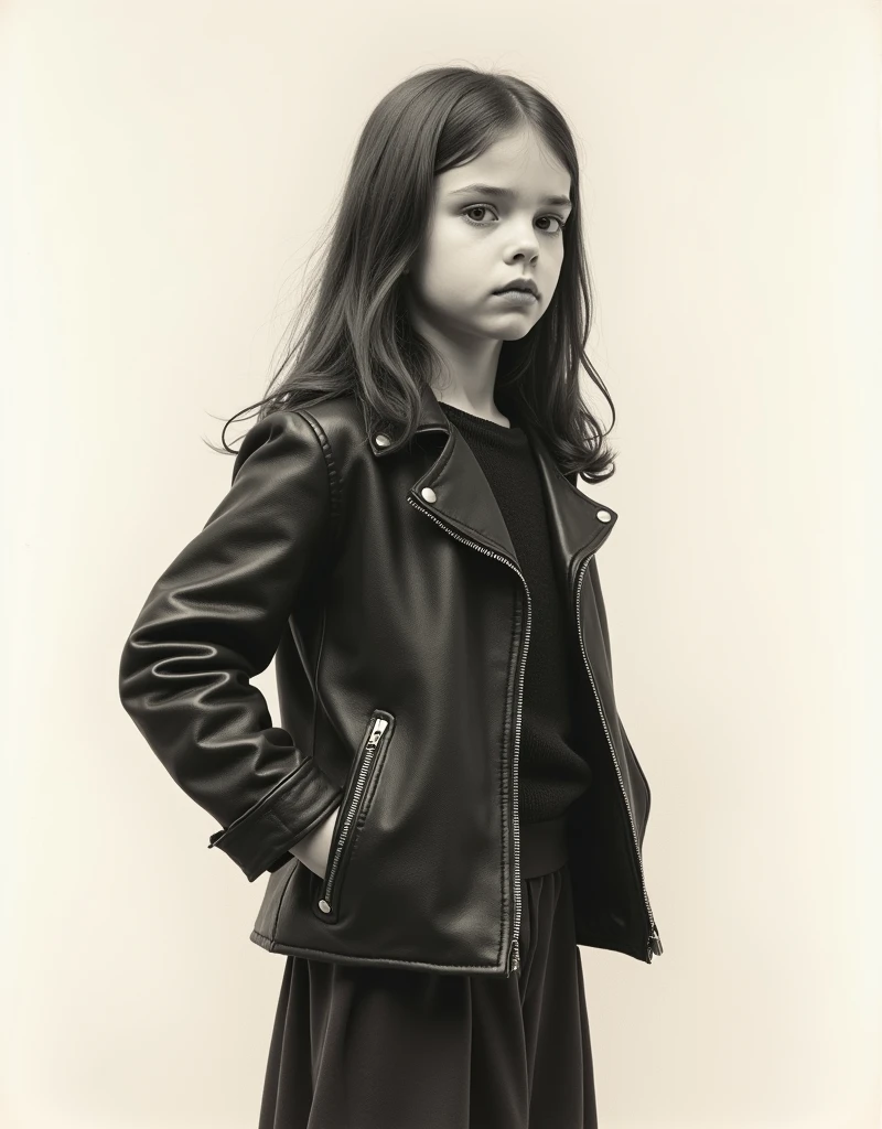 arafed portrait of a young girl in a black leather jacket ((Rough Croquis by Vermeer)), knee shot of a beautiful girl at , charcoal drawing, sepia, white background, masterpiece