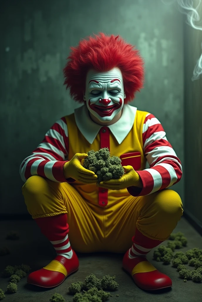 Ronald McDonald smoking cannabis with dark circles under his eyes 
