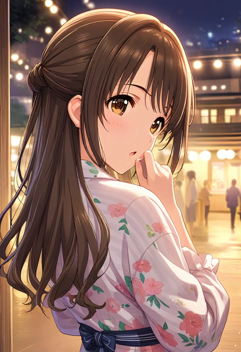 (masterpiece),(Highest quality),(Very detailed),(Best illustrations),(Best Shadow),(Absurd),(Detailed Background),(so beautiful),uzuki shimamura, casual, Brown Hair, Long Hair, night, Outdoor, jewelry, yukata, Close your mouth, Gaze, Turn around, Background blur, Dark Background