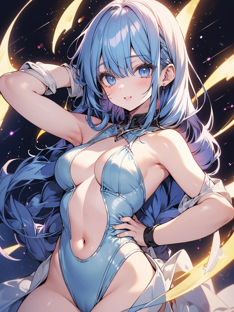 (highest quality, 8k, 4K, High resolution, masterpiece:1.2), Very detailed, Beautiful illustrations, Bright colors, Lens flare, Natural light, one person, woman, Beautiful facial details, Beautiful Eyes, Long eyelashes, Soft lips, (Small face), (Light blue hair, ponytail, Light blue eyes), Perfect Face, Shiny skin, (Beautiful breasts), Laughing with your mouth open:1.2, (Blue bodysuit:1.2, Sheer suit, Hands behind head:1.2, Show me your armpits), (Gazing at the viewer, Cowboy Shot), basement, Dark Room, Dim Lights, Light and shadow with attention to detail, Background blur.
