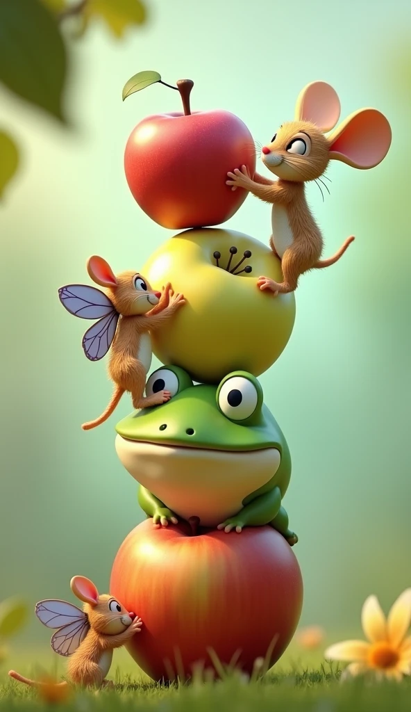 a tower formed from by—a rabbit, a mouse, a butterfly, and a frog—, The mouse stretching out its tiny paws from the top of the tower carefully nudging the apple from its branch, while the other friends watch with anticipation, um personagem animado, Caractere estilizado, animation style rendering, 3D estilizado, Arnold Maya render, 3 d render stylized, toon render keyshot, Personagem 3D, Personagem 3D, 3d rendering stylized, 3d character render, personagem de desenho animado, Personagem