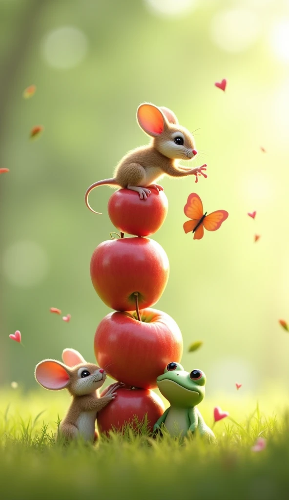 a tower formed from by—a baby rabbit, a mouse, a butterfly, and a frog—, The mouse stretching out its tiny paws from the top of the tower carefully nudging the apple from its branch, while the other friends watch with anticipation, um personagem animado, Caractere estilizado, animation style rendering, 3D estilizado, Arnold Maya render, 3 d render stylized, toon render keyshot, Personagem 3D, Personagem 3D, 3d rendering stylized, 3d character render, personagem de desenho animado, Personagem