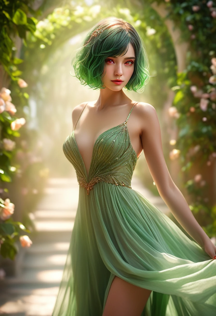 1girl, green hair, red eyes, dress, short hair, (alone:1.3), (best quality,4k,8k,highres,masterpiece:1.2),ultra-detailed,(realistic,photorealistic,photo-realistic:1.37),elegant,intricate,whimsical,fantasy,magical,ethereal,cinematic lighting,dramatic shadows,vivid colors,lush flora,serene atmosphere,delicate features,piercing gaze,graceful posture,flowing dress,soft focus,warm tones