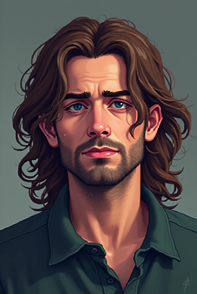 pixelart, pixel style, man in his thirties, long wavy hair, messy look, tired, brown hair, stoic expression, attractive, pixel, pixel art, pixel style, it has a detailed pixel art, the man is in pixel art