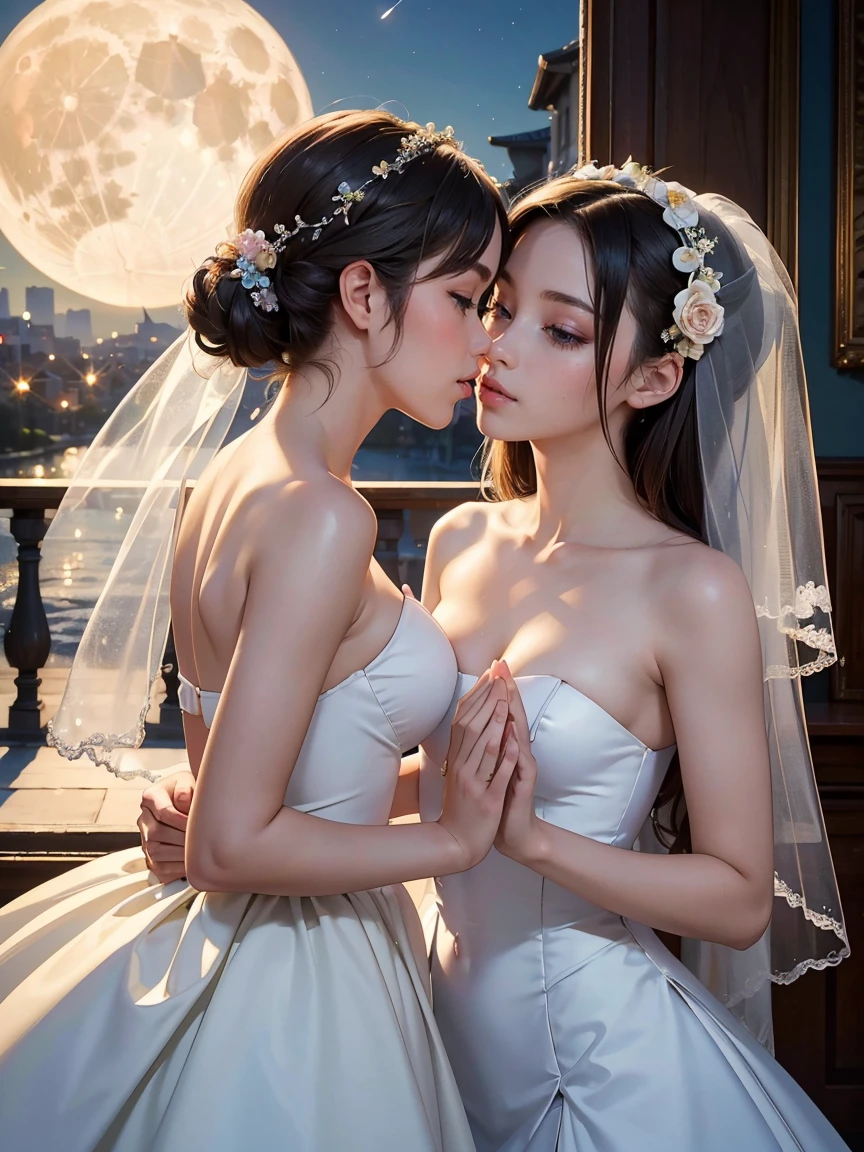 (masterpiece, highest quality, official art, beauty and aesthetic:1.5), perfect anatomy, perfect hands, two stunning bride is deeply in love with each other, kiss, romantic atmosphere, flower and moon, magnificent panorama view