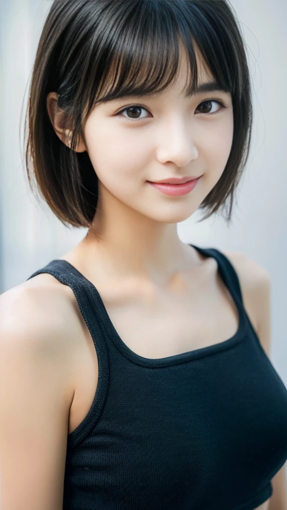 (8k, RAW Photos, Highest quality, masterpiece:1.2), Super detailed, Super Resolution, (Realistic, Realistic Photo:1.37), Portraiture, High-definition RAW color photos, Professional photos, Very detailed and beautiful, Very detailed, 8k wallpaper, Wonderful!、Detailed, Large file size, Official Art, highly detailed CG unity 8k wallpaper, Very detailed美Shii女の子, Very detailed顔, Very detailed目, Very detailed肌, Very elaborate fingers, Very detailed鼻, Very detailedDetailed口 , Perfect Anatomy, Very detailed背景, Very fine clothing, One girl, ,cute girl, Realistic body, Fair skin, Glowing Skin , The body is slim, Handsome body, Black Hair , short hair, (Blunt bangs:1.2), smile, cute, like々Shii, cute face, Realistic Face, Delicate eyes, Droopy eyes, View your viewers, Look forward, Standing posture, Opposition, Dynamic Lighting, ((Face close-up)), (Mid-chest), (Perfect Body Proportions),