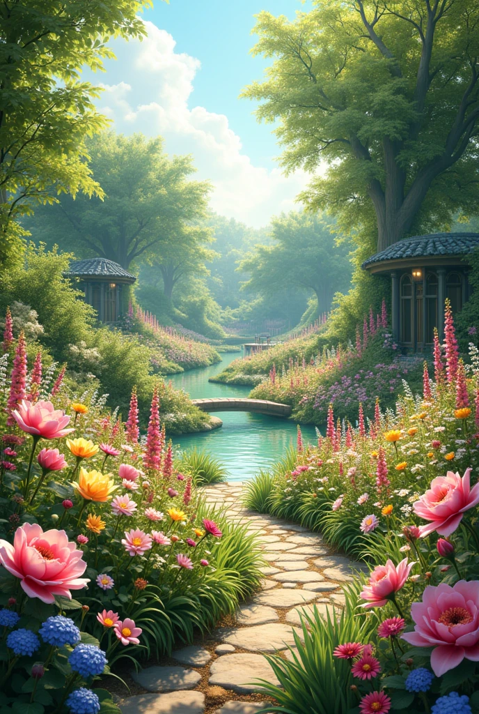 A beautiful garden covered with flowers.