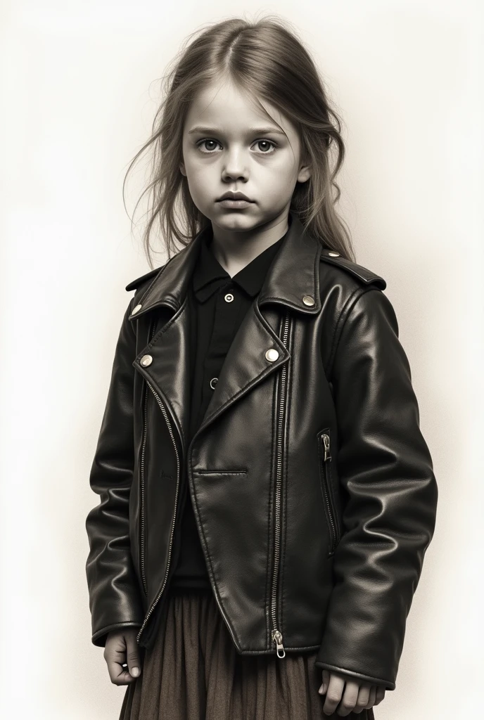 arafed portrait of a young girl in a black leather jacket ((Rough Croquis by Vermeer)), knee shot of a beautiful girl at , charcoal drawing, sepia, white background, masterpiece