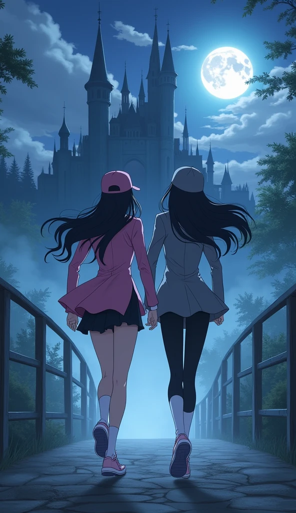 Two girls, long black hairs, yuri
(The first girl wear a pink suit, black shirt, pink cap, black pencil skirt, black underpants, black tights, white socks, pink sneakers high top)

(The second girl wore a grey suit, black shirt, grey cap, black pencil skirt, black underpants, black tights, white socks, grey sneakers high top)

running on foggy bridge of the vampire castle, fantastic night moon sky, novel cartoon, 4K, HD