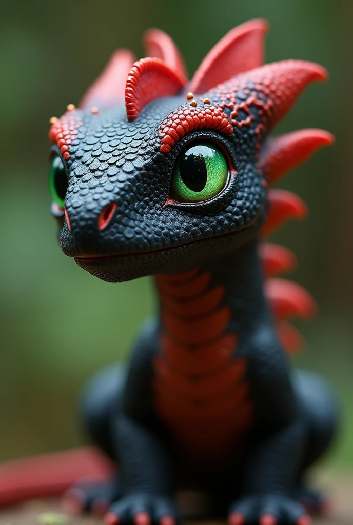 give me a small dragon, around 70 cm height, that has black and red skin and green eyes. he is really protective
