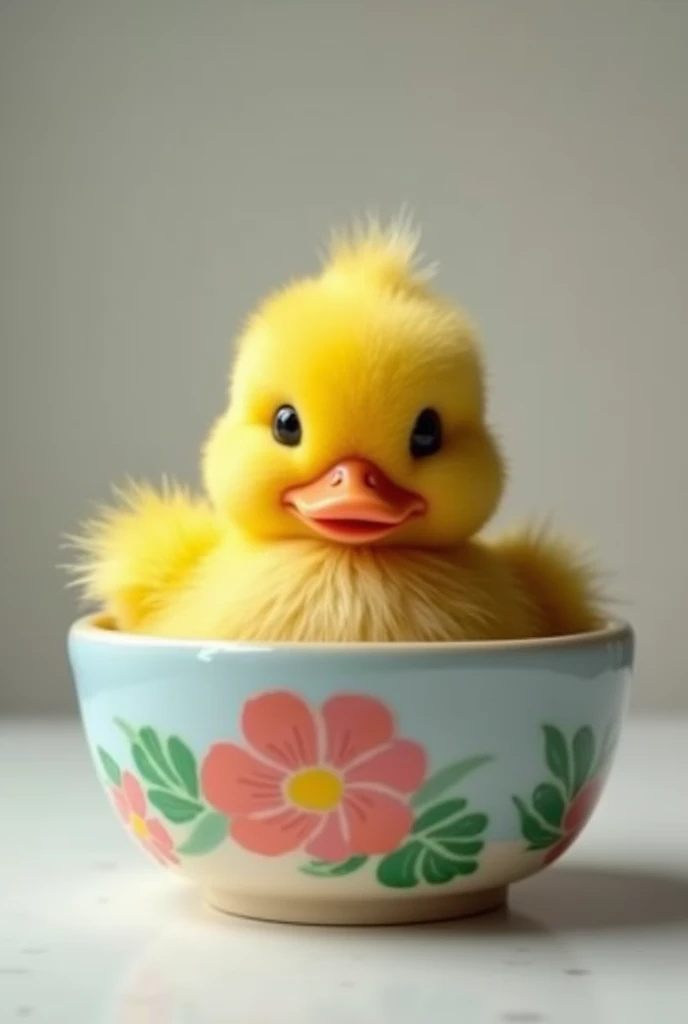 a cute duck peeking out of a beautifully painted ceramic bowl, super deformed, fluffy, furry-like, funny, highest quality, masterpiece, rainbow-colored, pastel color effects