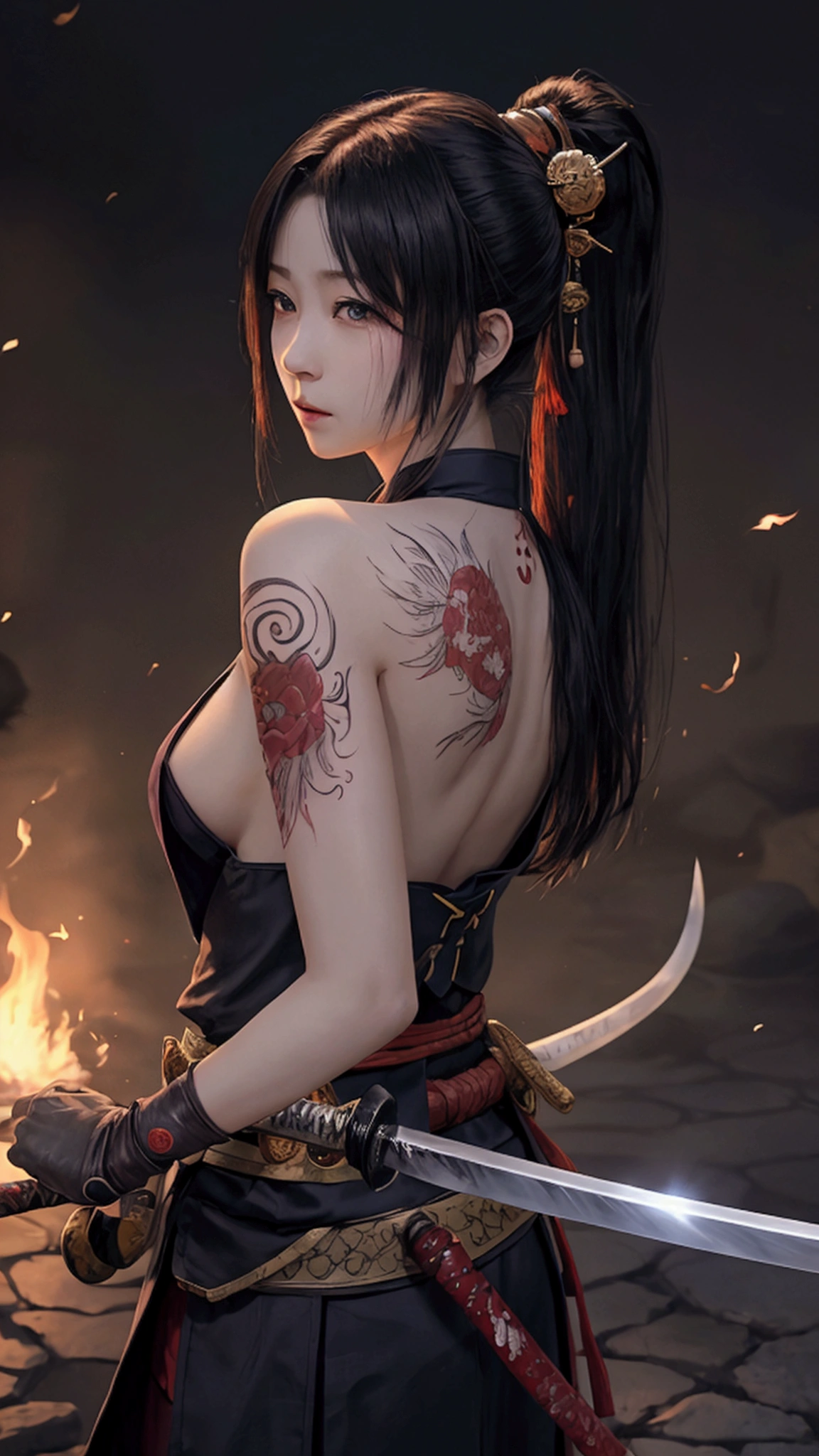 (Japanese sword &reference;Muramasa 2&reference;.2)Beautiful 27 year old woman、Japanese women、Tie your hair back、Hair ornament artist、Shinobi Costume、Warrior、Clear Eyes、{Arm tattoo(SakuraFubuki}'Back Tattoo、Warrior、(Japanese swordを両手で構える、1.3)(Japanese sword1.2)Intermediate position、In front of the body、(Hold the sword horizontally 1.3)、whole body、Long Blade Sword、Realistic battle scenes、敵Warriorの返りBlood、Blood、High resolution、Highest quality、Very detailed、8k、background、The castle is burning、Sparks fly、