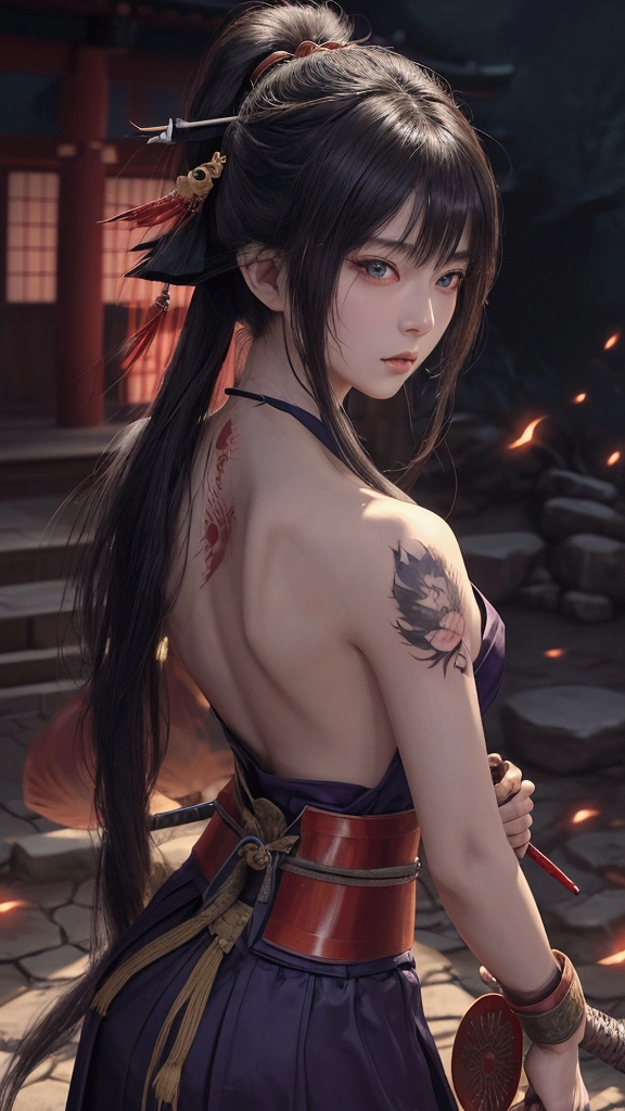 (Japanese sword &reference;Muramasa 2&reference;.2)Beautiful 27 year old woman、Japanese women、Tie your hair back、Hair ornament artist、Shinobi Costume、Warrior、Clear Eyes、{Arm tattoo(SakuraFubuki}&#39;Back Tattoo、Warrior、(Japanese swordを両手で構える、1.3)(Japanese sword1.2)Intermediate position、In front of the body、(Hold the sword horizontally 1.3)、whole body、Long Blade Sword、Realistic battle scenes、敵Warriorの返りBlood、Blood、High resolution、Highest quality、Very detailed、8k、background、The castle is burning、Sparks fly、