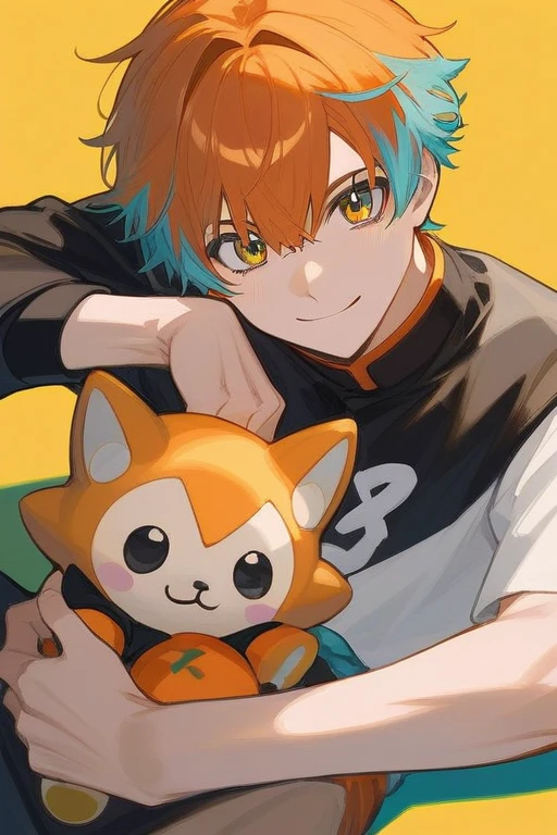 Anime man with orange hair, one boy, male focus, orange hair, white shirt, smiling, short hair, shirt, colorful hair, solo, yellow background, man lying flat on his back , and he is holding a stuffed animal, male focus, one boy, virtual youtuber, looking at the viewer, orange hair, multicolored hairla depicting an anime character named Samurai x in stance, one boy, male focus, shoes, solo