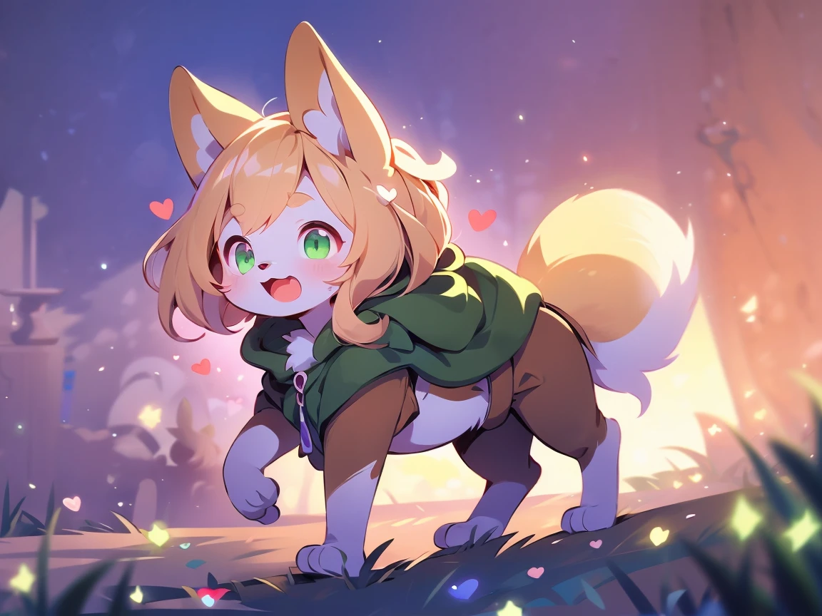 the fox, was hairy, shaggy, skin fur, smooth lashes, golden fur, forelimb hands, straight long blonde hair, solid circle eyes, golden ears, golden fur, golden facial fur, shiny hair, red eyes, heart-shaped eyes, super cute face, 1fox tail, fluffy tail, furry tail, glowing eyes, green coat green hood down, brown trousers, riding horse, open mouth, embarrassed, ultra-fine fur, dashed eyes, full body, masterpiece, pixiv, high quality, high-details, best quality, (((solo))), twilight, sun light, red sky, rim light