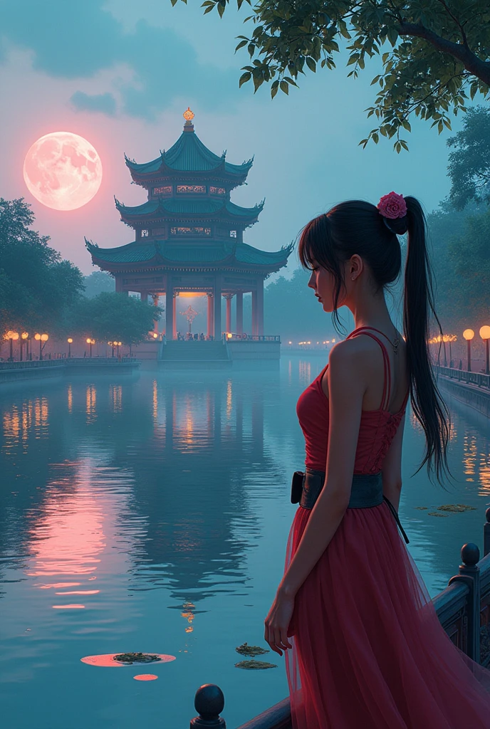 Vietnamese girl, cyberpunk landscape of Hoan Kiem lake with Ngoc Son temple, anime style