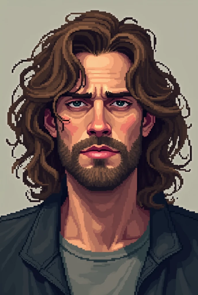 pixelart, pixel style, man in his thirties, long wavy hair, messy look, tired, brown hair, stoic expression, attractive, pixel, pixel art, pixel style, it has a detailed pixel art, the man is in pixel art