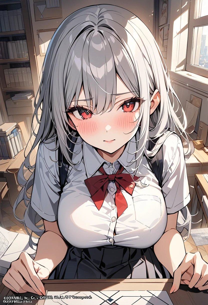 ,beautiful flower々)、Large Breasts、school uniform、Gray Hair、Red eyes、blush、 (masterpiece, Highest quality), Official Art, beautifully、aesthetic: 1.2), (1 girl), Very detailed, (Geometry Art: 1.3), colorful