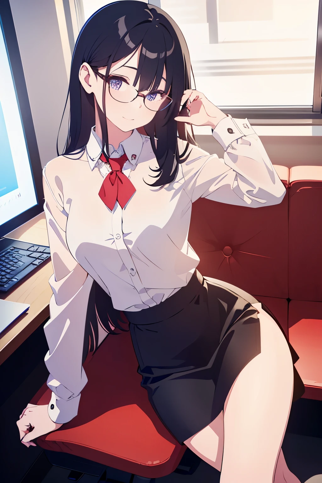(Best Quality)), ((masterpiece)), (detailed), 1 girl, long black hair, defined nose, beautiful eyes, heels, black heels, blue eyes, piernas slims, jewelry chain, slim, big breasts, 25 years, beautiful legs, glasses, glasses redondos, medium breasts, slim, Office con ventanas, black skirt, miniblack skirt, long sleeve shirt, small office, Office, White skin, discreet smile, office, cubicle, NSFW, black skirt, Whole body. korean style, short girl. small stature. pink lips. head on. ((vista head on))