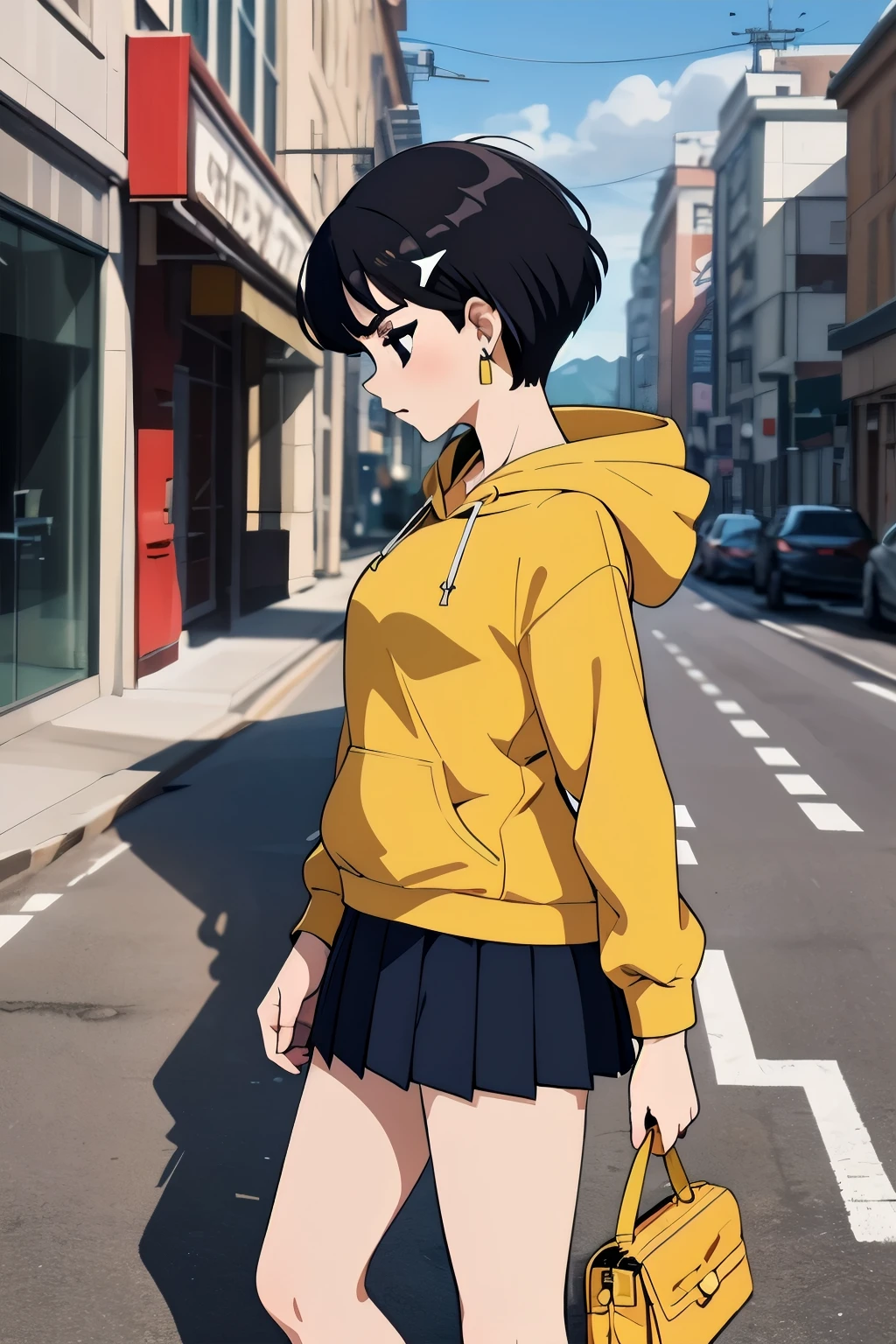 (masterpiece, best quality), 1 woman, Pasha, 1 woman, alone, black eye, black hair, Short hair, spike head, earring, side,profile,whole body,Yellow hoodie,Pleated skirt