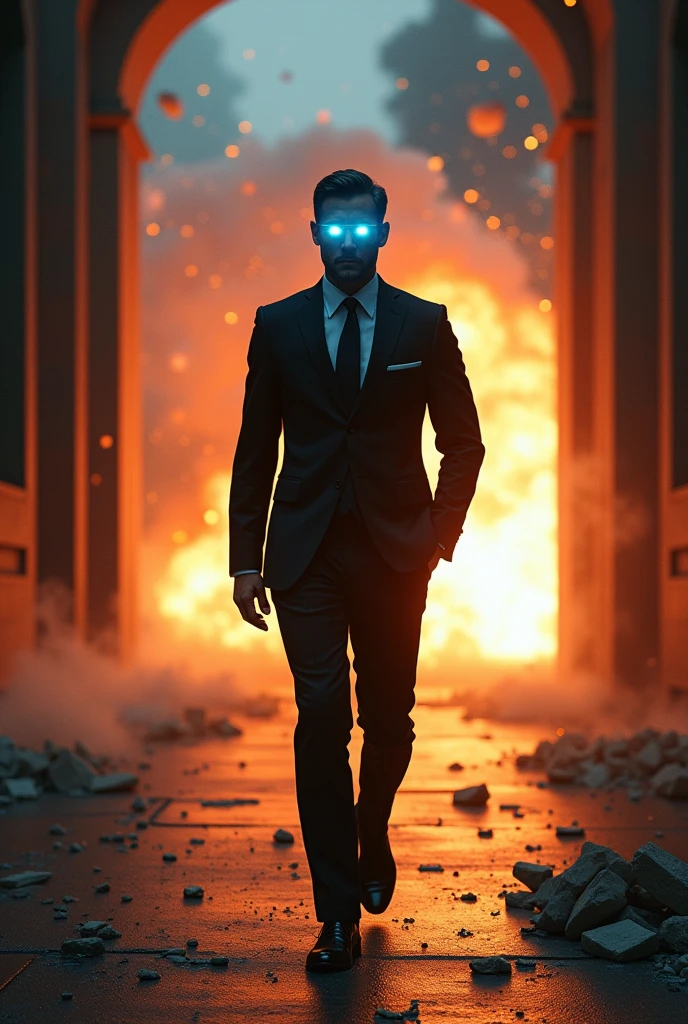 A ( cool handsome man , black suit , Magical glowing blue eyes enter with bomb blast in secret spy agency