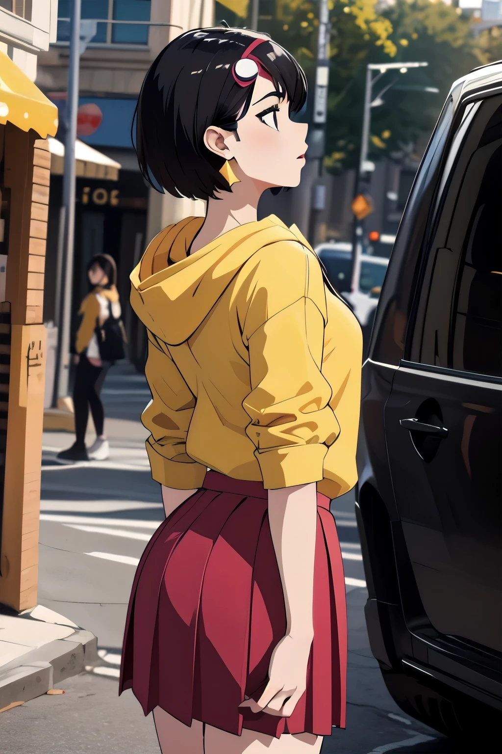 (masterpiece, best quality), 1 woman, Pasha, 1 woman, alone, black eye, black hair, Short hair, spike head, earring, side,profile,whole body,Yellow hoodie,Pleated skirt