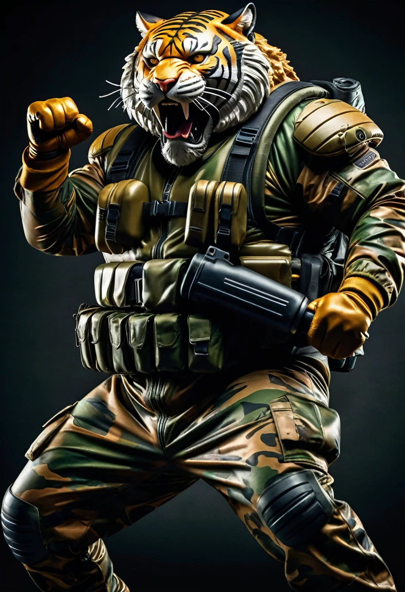 (a dark-skinned bearded fat muscular old man in a bulky army camouflage zipper diver suit) carrying a gun, (wearing realistic roaring tiger mask), dynamic action pose, fierce expression, showcasing an imposing stature, surrounded by military elements, dramatic shadows and intense highlights, cinematic color tones, high detail, powerful, art influenced by Bruce Onobrakpeya and Stanley Artgerm, ultra-detailed, best quality image, action-packed atmosphere. raising fist pose