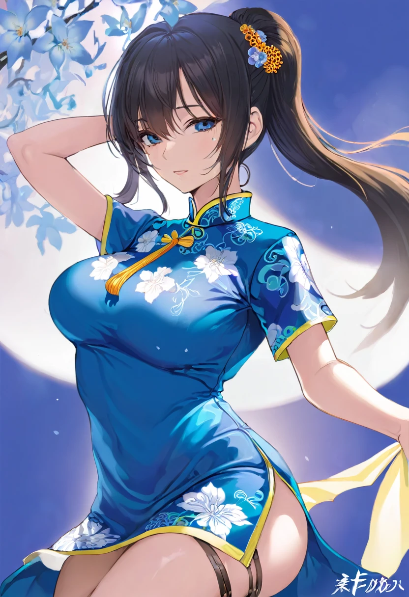  NFSW High Resolution, adult woman , good lighting, Negligible, , (no nudity), (((bright blue cheongsam))), (()), ((())), (garter belt), abdomen only, (), , beautiful face, I&#39;I&#39;m embarrassed and blushing, humiliating, ((turn around and look back)), (T-back)(there is a large amount in the body,) With very large breasts and slender
