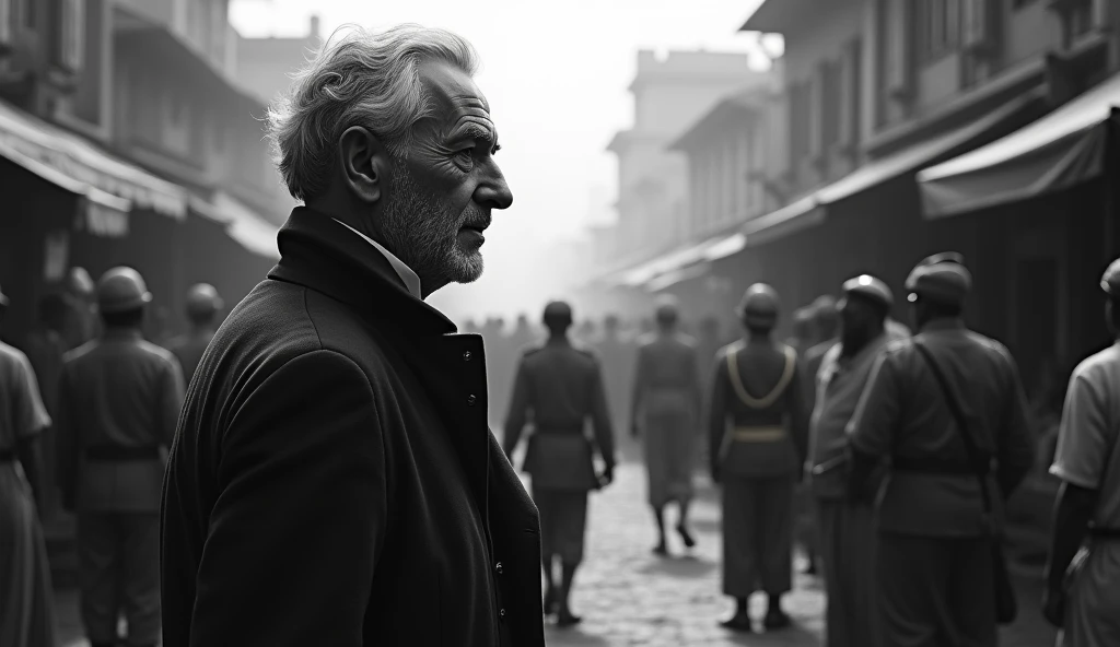 A British man, C.F. Andrews, depicted in a moment of deep contemplation as he observes the harsh realities of colonial India. He stands near a busy marketplace, where Indian people, in traditional attire, go about their daily lives under the watchful eyes of British soldiers. The scene is dark, in black and white, reflecting the oppression and injustice of the time."